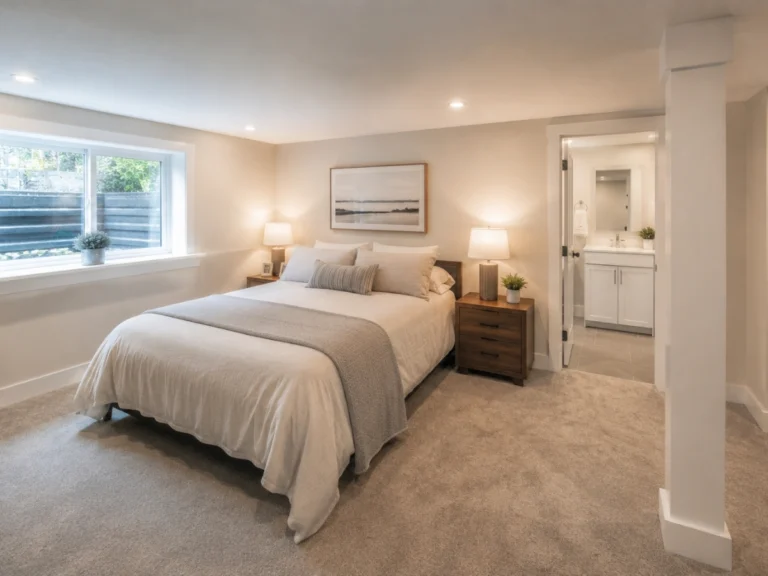 basement conversion to in law suite with full basth in irvington ny showing full size bed, tan carpet, and a view into the bathroom.