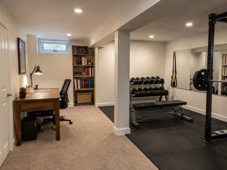 Finished basement office and home gym with carpet, rubber flooring, desk, dumbbells, and workout equipment.