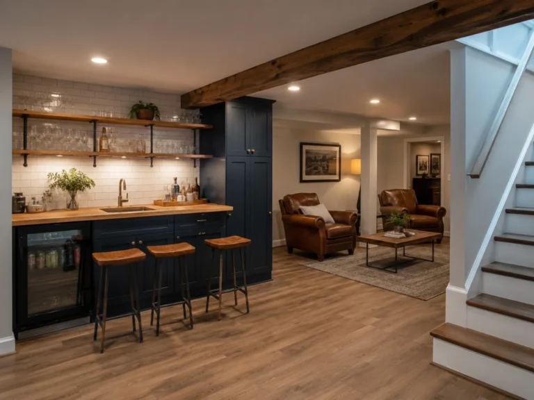 Finished basement wet bar with navy cabinets, wood countertops, open shelving, and lounge seating.