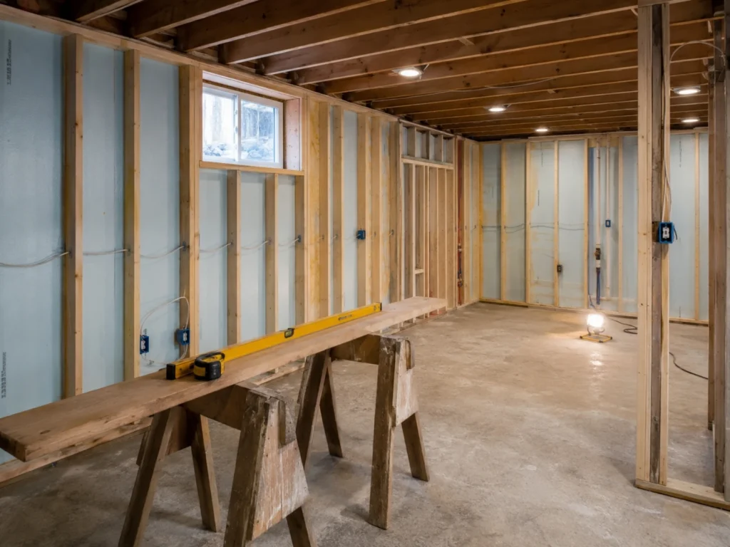 Basement finishing project in progress with wood framing, rigid insulation, electrical rough-in, and a clean concrete floor.
