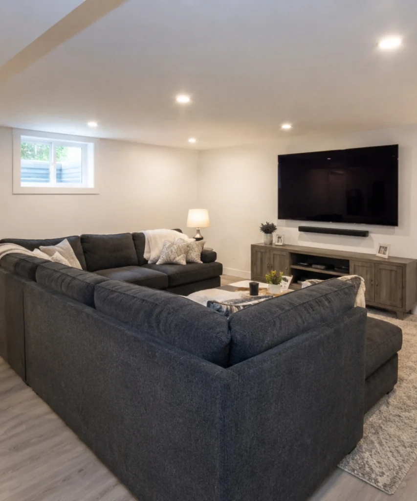 Finished basement media room with charcoal sectional sofa, wall-mounted TV, recessed lighting, and small basement window.