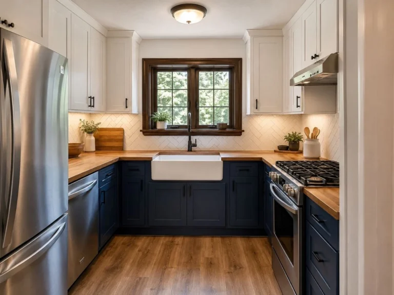 Small Tudor-style kitchen remodel with navy lower cabinets, white uppers, butcher block counters, and farmhouse sink.